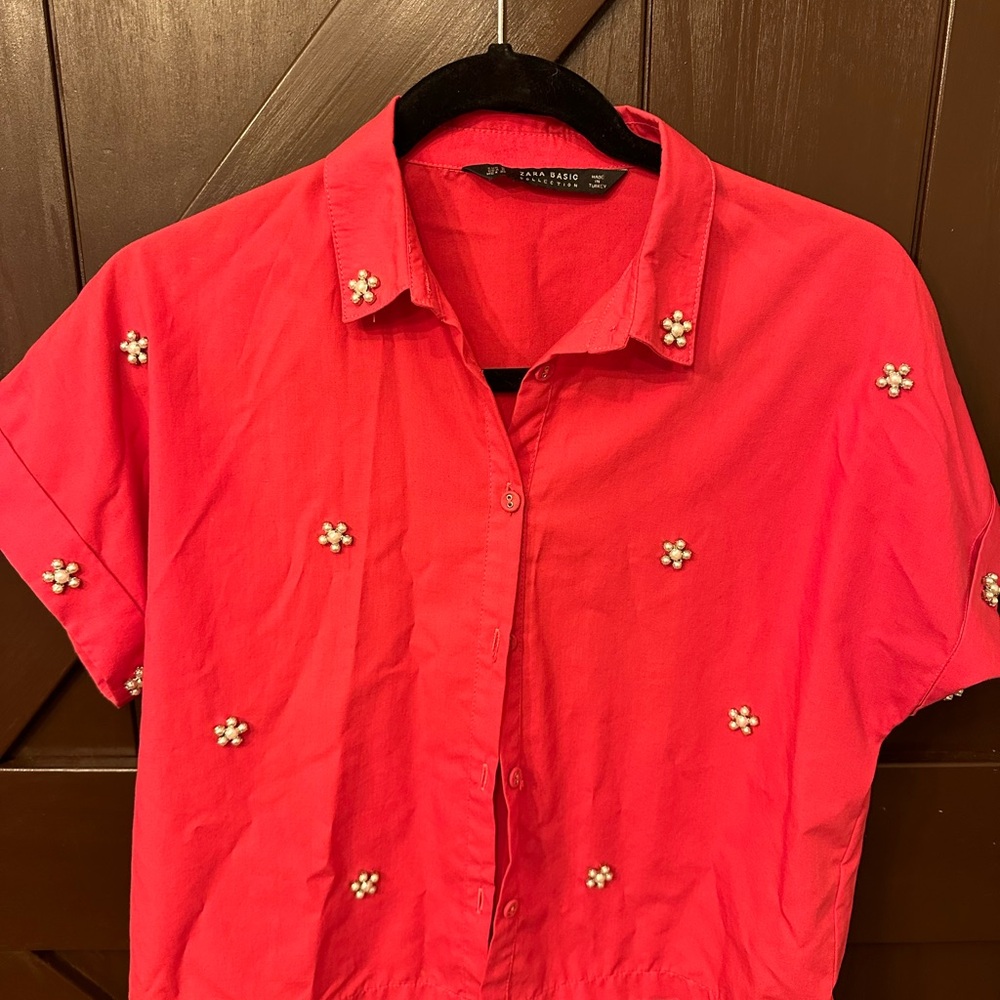Bright pink Zara boxy top with pearl embellishment